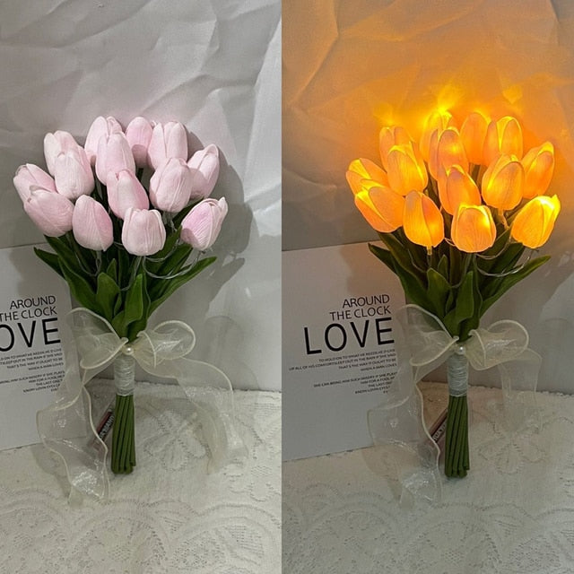 Valentines Day LED Tulip Table Lamp Material Flowers Warm Glow Pink White AMB