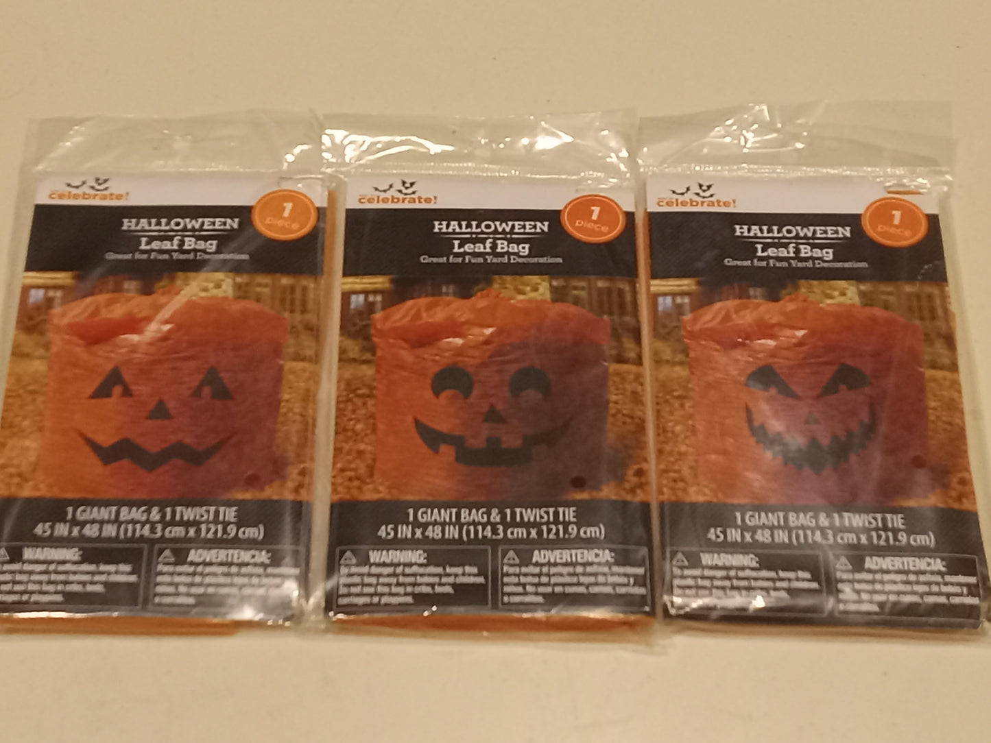 3 Halloween Leaf Bags Giant Orange Jack-O-Lanterns 45"x48", NEW