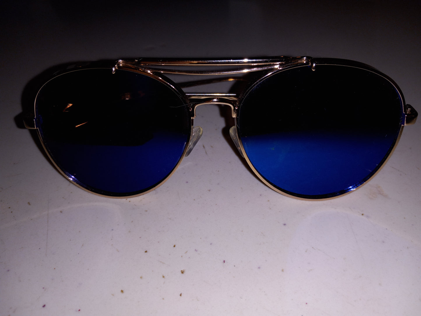 Iridescent Shades, Dark Sun Glasses, Blueish Purple Lens, Gold Frame, Thick Bulky Style USED