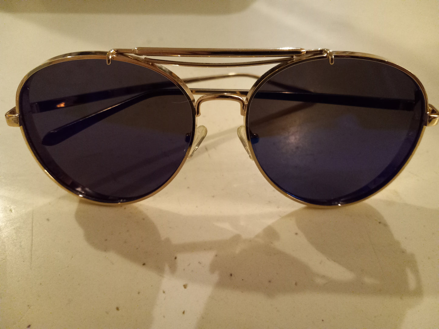 Iridescent Shades, Dark Sun Glasses, Blueish Purple Lens, Gold Frame, Thick Bulky Style USED