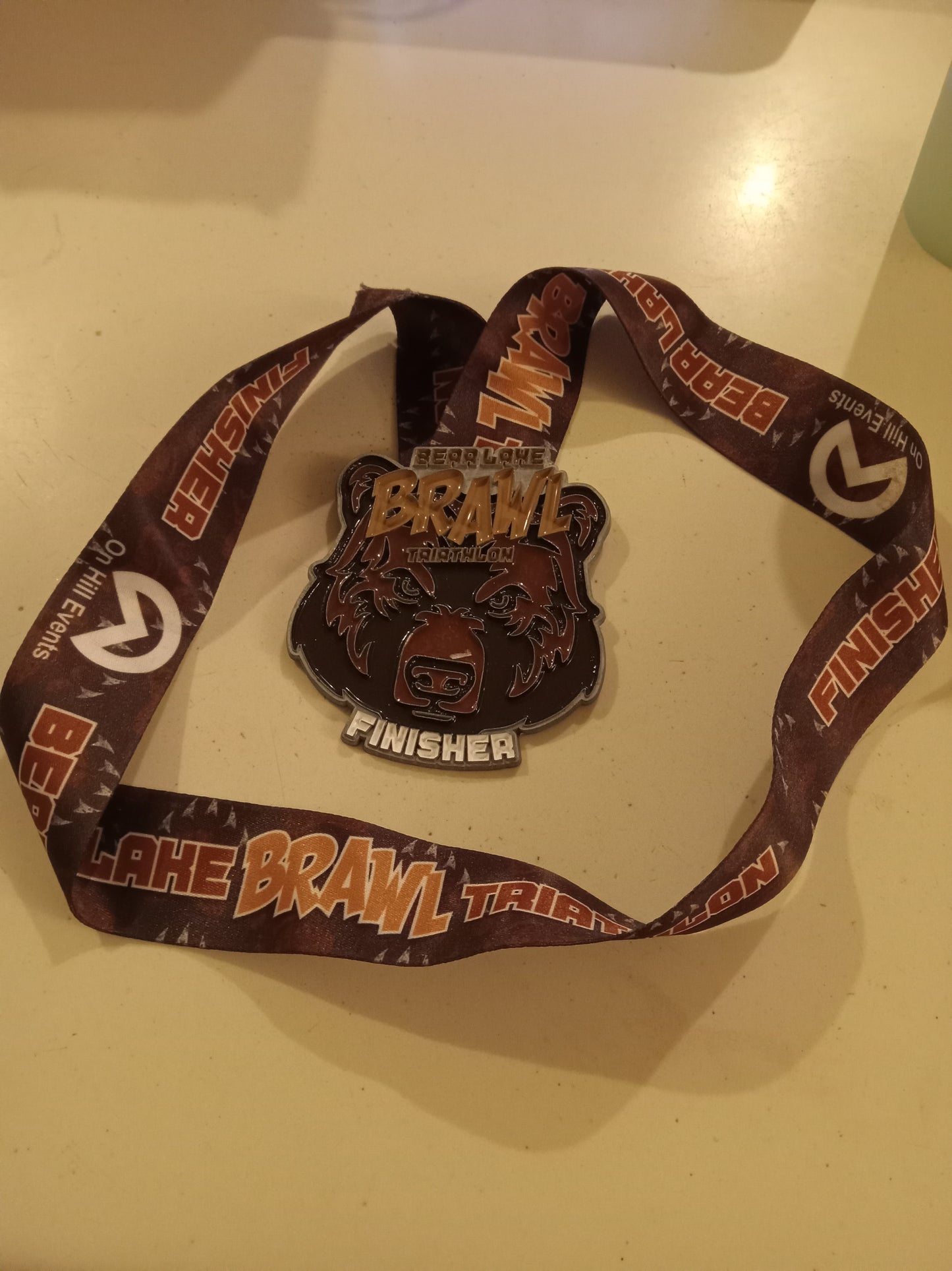 Bear Lake UT Brawl Triathlon Finisher Lanyard, Brown Metal Medallion Award, USED