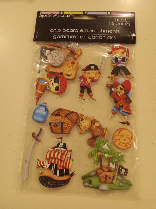 Chip Board Embellishments, 3D Stickers, 16ct. Pirates, Treasure, Ships, Sailing, NEW