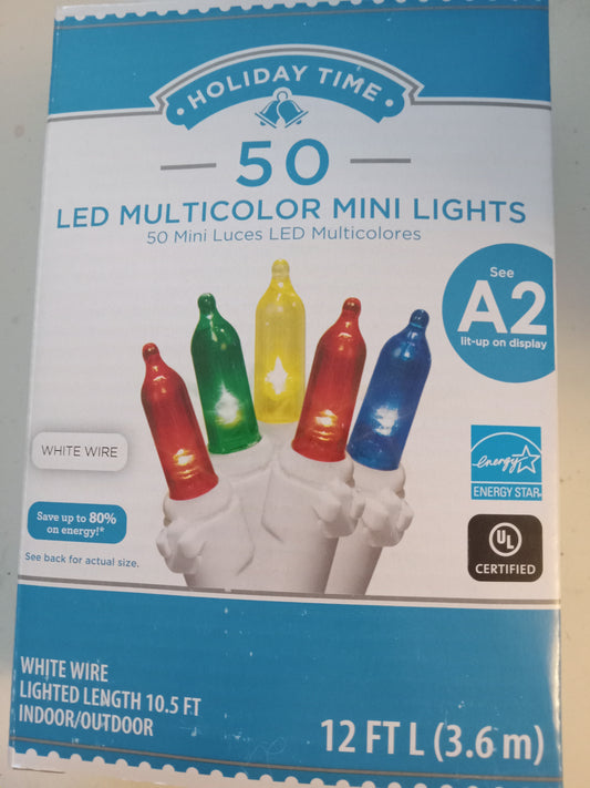 Christmas Lights, 50 LED Mini Lights, Multi-Color/Blue/Frosted/Cool & Warm White, White Wire, Holiday Time, NEW.