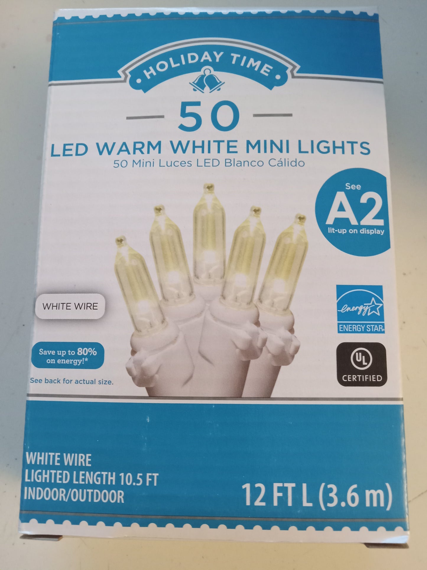 Christmas Lights, 50 LED Mini Lights, Multi-Color/Blue/Frosted/Cool & Warm White, White Wire, Holiday Time, NEW.