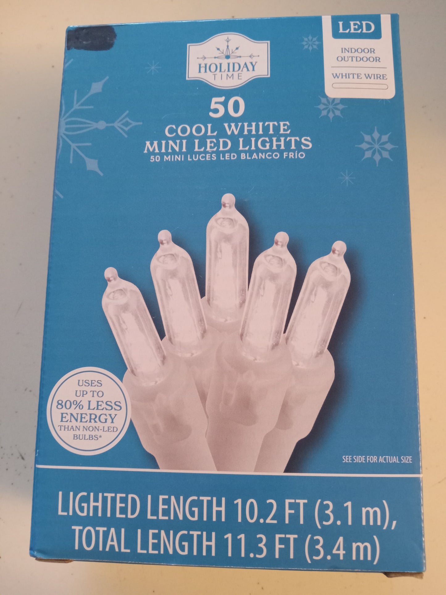 Christmas Lights, 50 LED Mini Lights, Multi-Color/Blue/Frosted/Cool & Warm White, White Wire, Holiday Time, NEW.