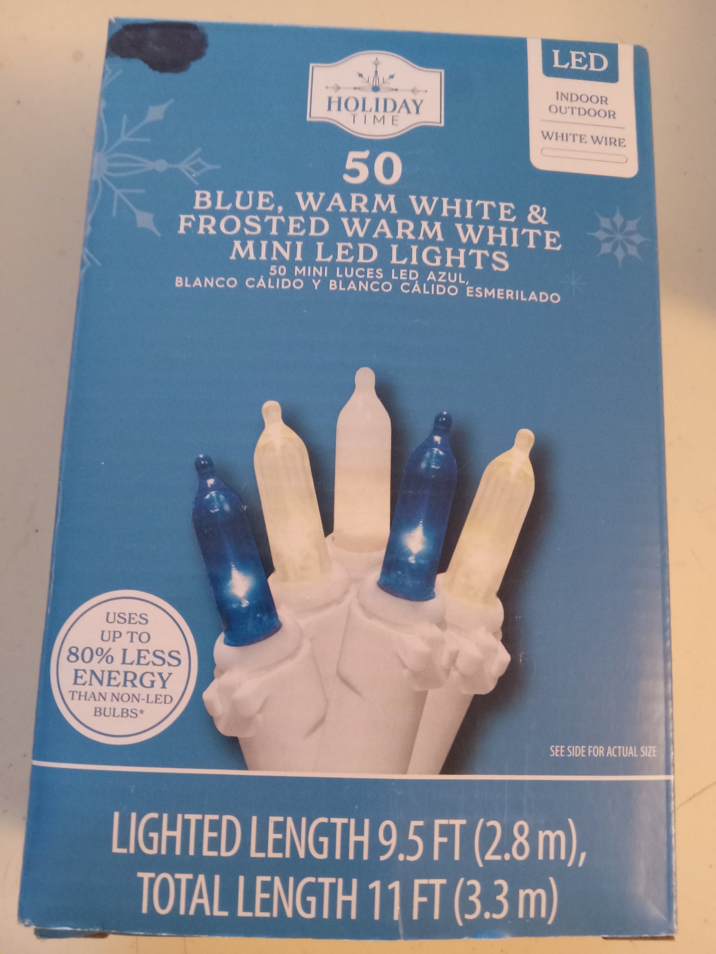 Christmas Lights, 50 LED Mini Lights, Multi-Color/Blue/Frosted/Cool & Warm White, White Wire, Holiday Time, NEW.