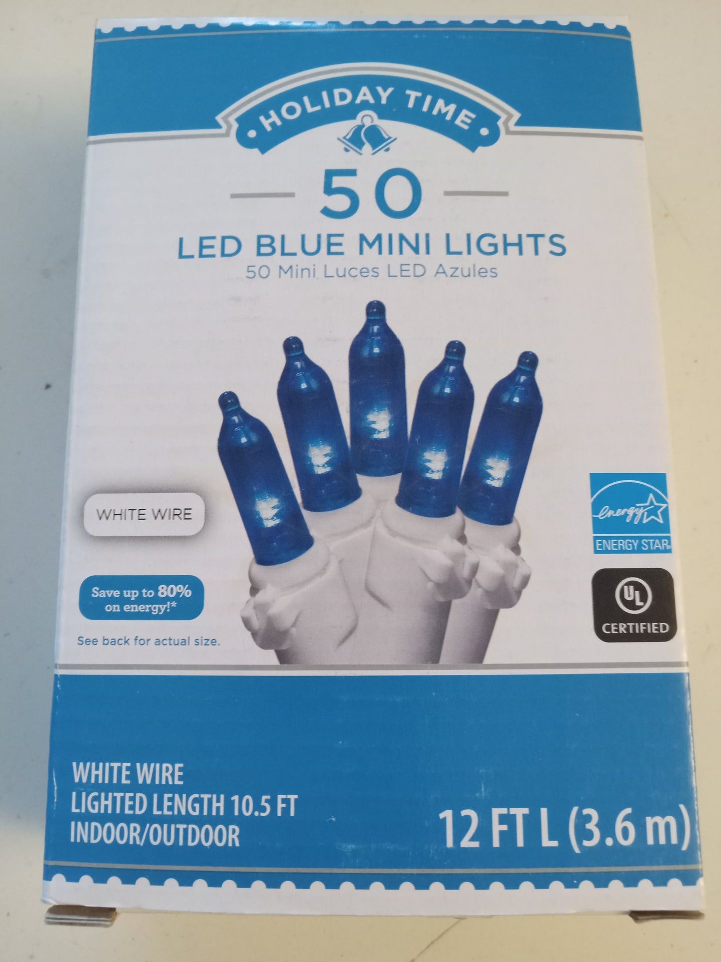 Christmas Lights, 50 LED Mini Lights, Multi-Color/Blue/Frosted/Cool & Warm White, White Wire, Holiday Time, NEW.