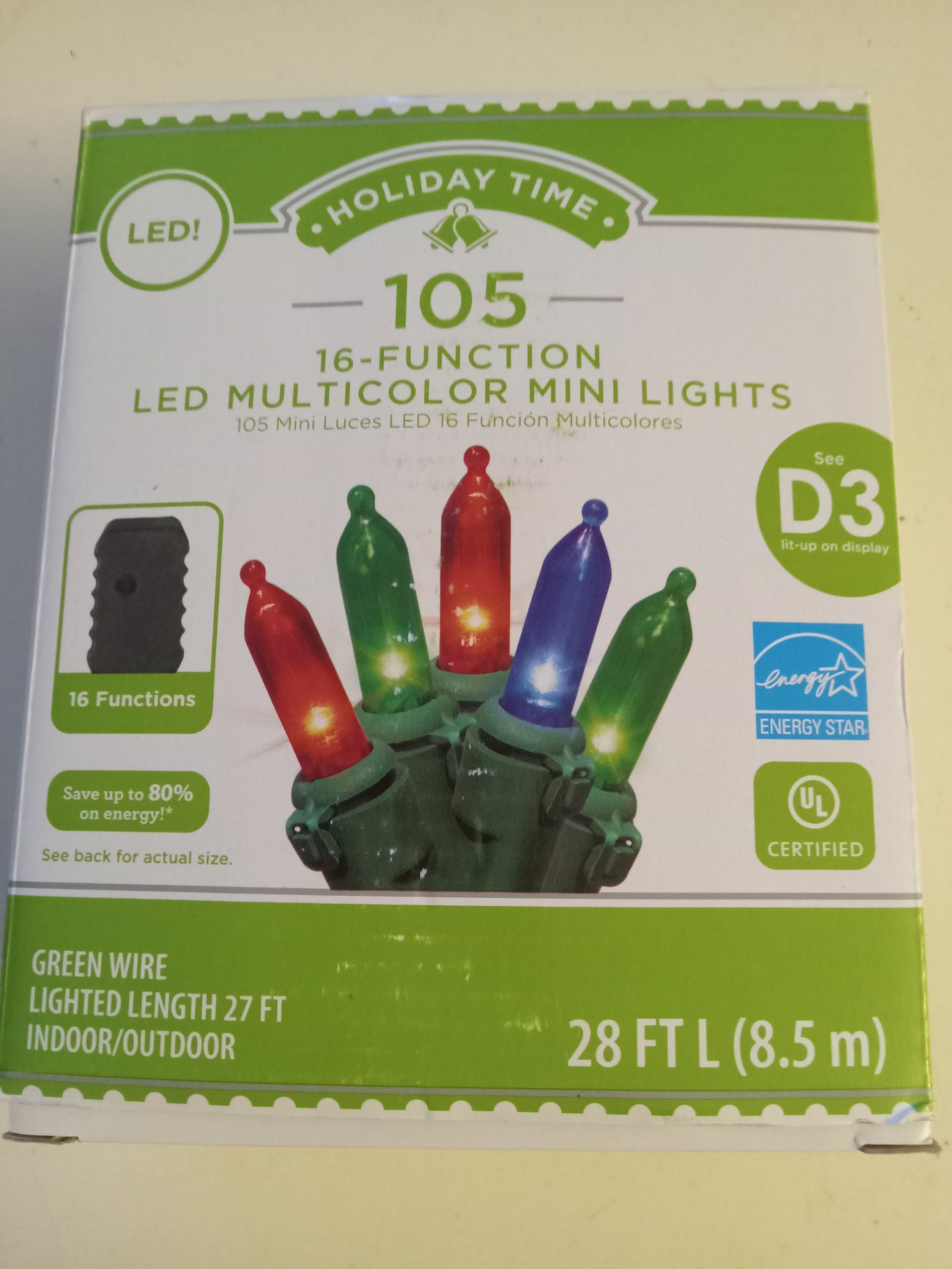 Christmas Lights, 16 Functions, 60/105 LED Mini Lights, Multi-color/Warm White, Green Wire, +Control Box, Holiday Time, NEW