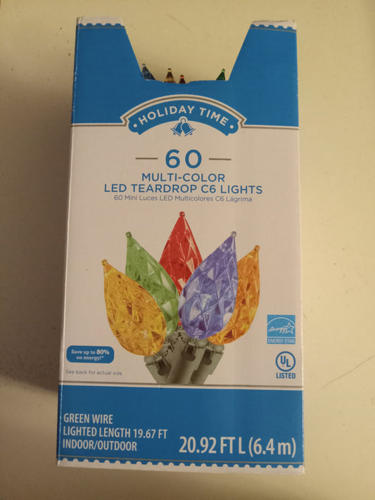 Christmas Lights, 50/60 LED Teardrop C6 Lights, Multi-color/Blue, Green Wire, Holiday Time, NEW