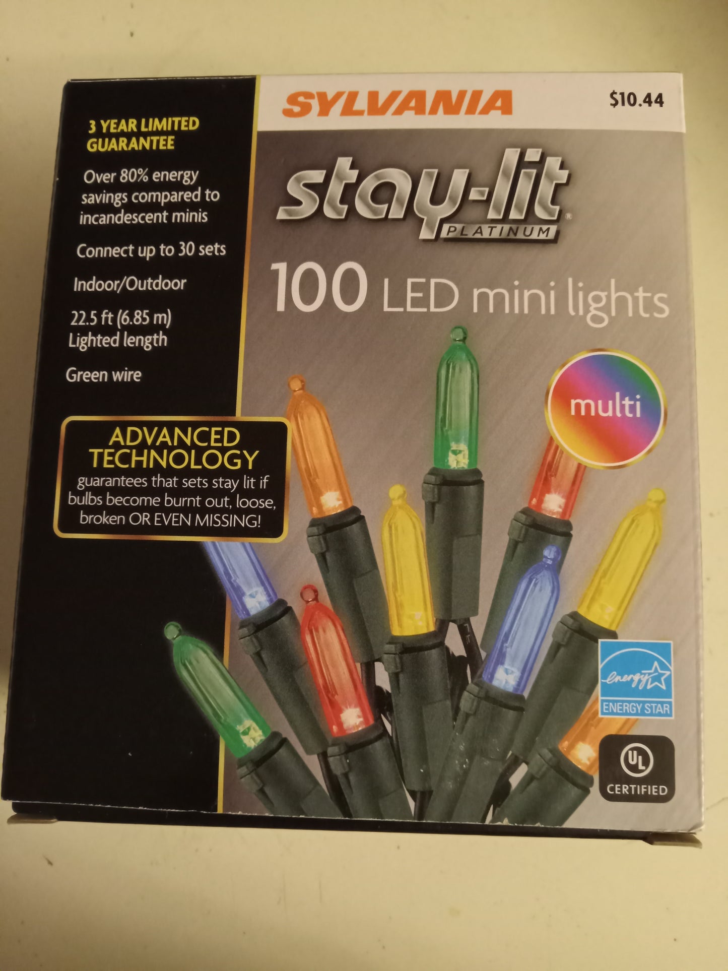 Stay Lit Platinum Christmas Lights, 100 LED Mini Lights, Multi-color, Green Wire, Sylvania, NEW