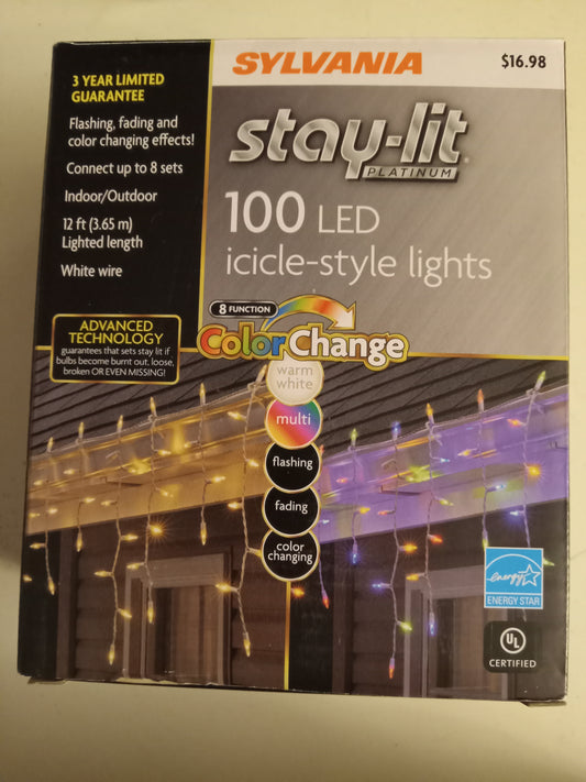 Stay Lit Platinum Christmas Lights, 100 LED Icicle Lights, Multi-color, 8 Function Color Changing, White Wire, Sylvania, NEW