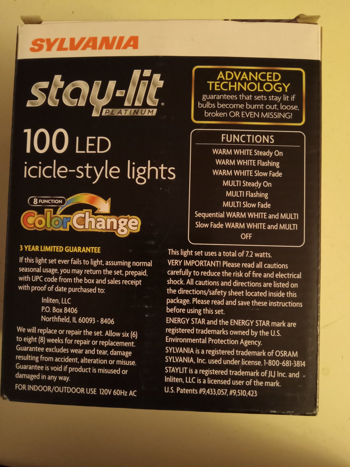 Stay Lit Platinum Christmas Lights, 100 LED Icicle Lights, Multi-color, 8 Function Color Changing, White Wire, Sylvania, NEW