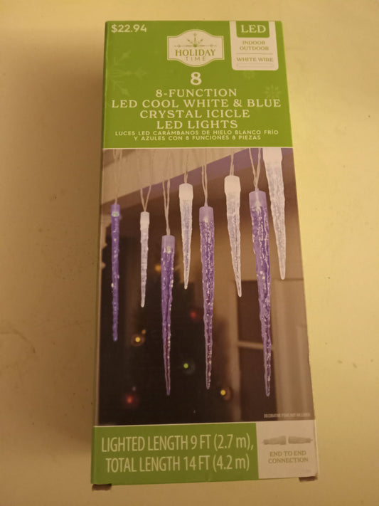 Christmas Lights, 8 LED Crystal Icicle Lights, Cool White & Blue, 8 Functions, Holiday Time, NEW