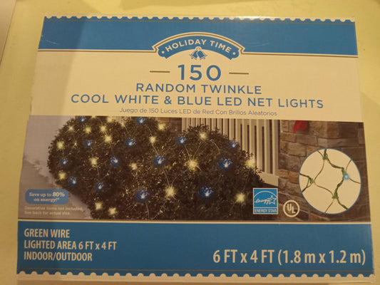 Christmas Lights, 150 LED Net Lights, Multi-color/Cool White/Blue/Random Twinkle, Green Wire, Holiday Time, NEW