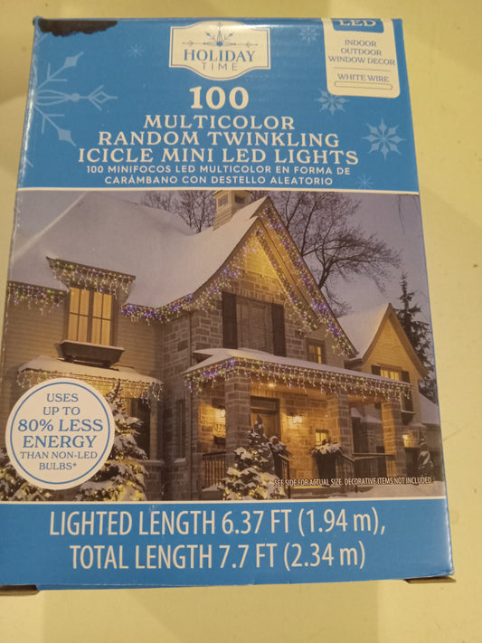 Christmas Lights, 70/100 LED Icicle Lights, Multi-Color/Cool White, Random Twinkle, White Wire, NEW/USED