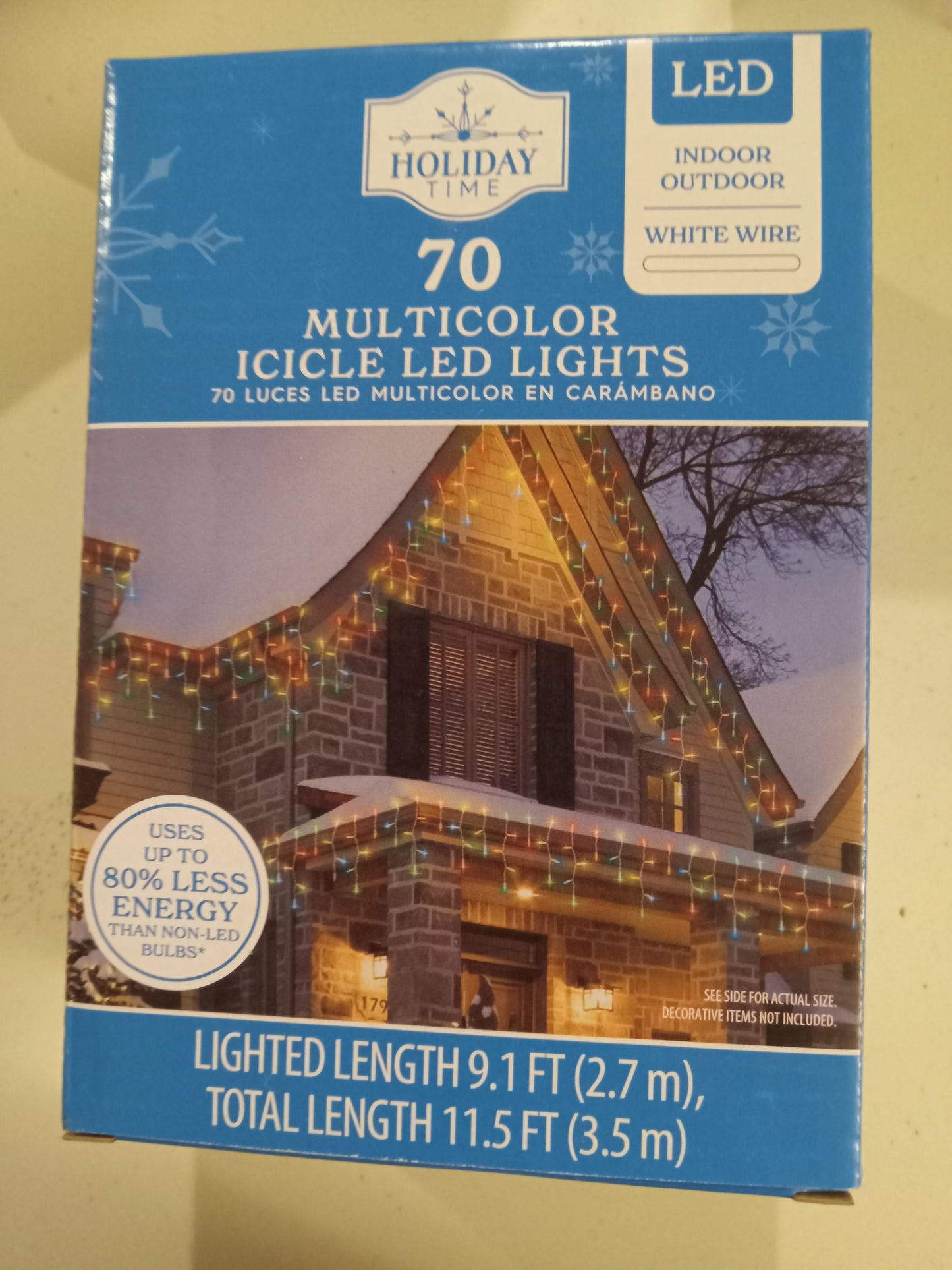 Christmas Lights, 70/450 LED Icicle Lights, Multi-Color/Cool White, White Wire, Holiday Time, NEW