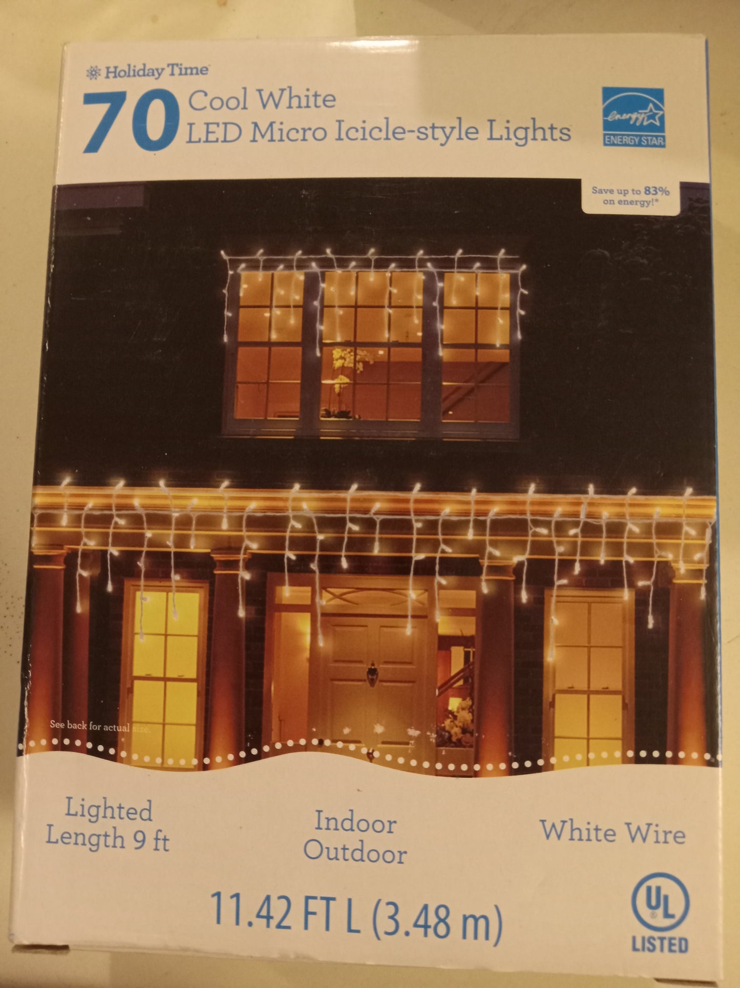 Christmas Lights, 70/450 LED Icicle Lights, Multi-Color/Cool White, White Wire, Holiday Time, NEW