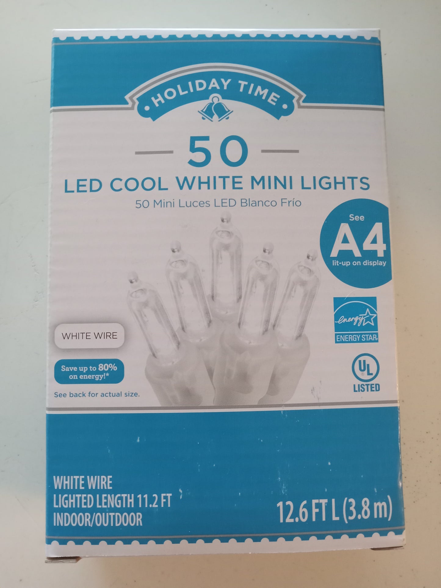 Christmas Lights, 50 LED Mini Lights, Multi-Color/Blue/Frosted/Cool & Warm White, White Wire, Holiday Time, NEW.