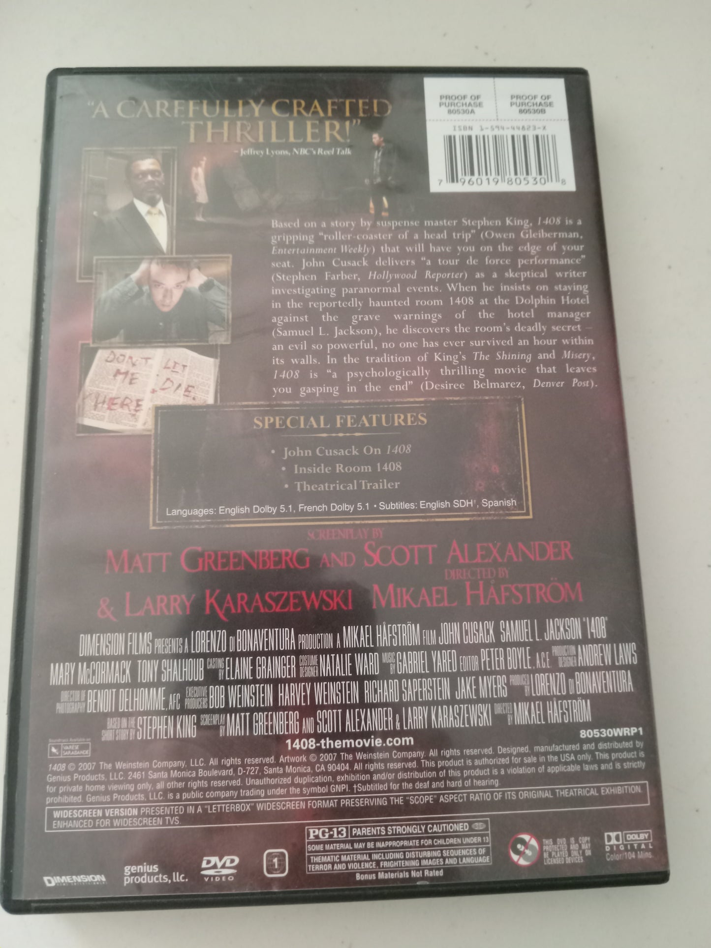 1408, Stephen King's DVD Movie, John Cusack Widescreen, Rated PG-13, USED