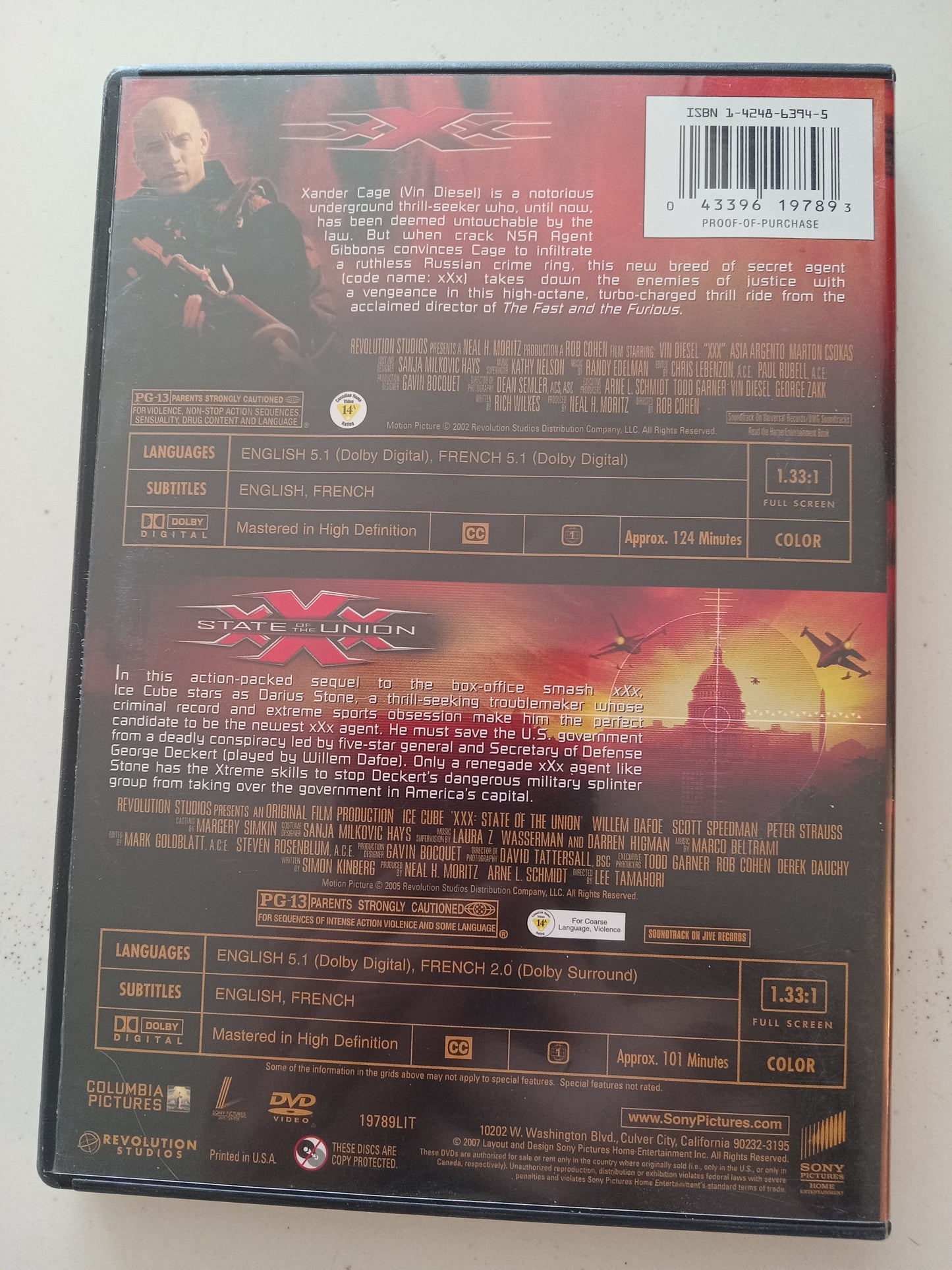 XXX 1 & XXX 2 State of Union, DVD Movie, Vin Diesel Fullscreen, Rated PG-13, USED