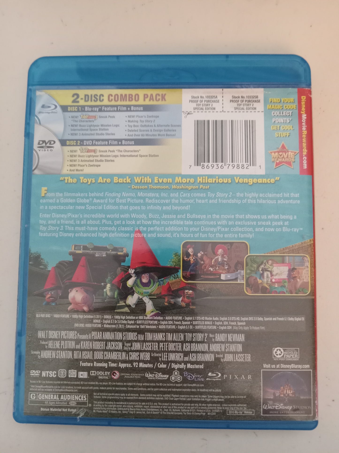 Toy Story 2, Disney Pixar Animation Blu-ray Movie, Widescreen, Special Ed. Rated G, USED