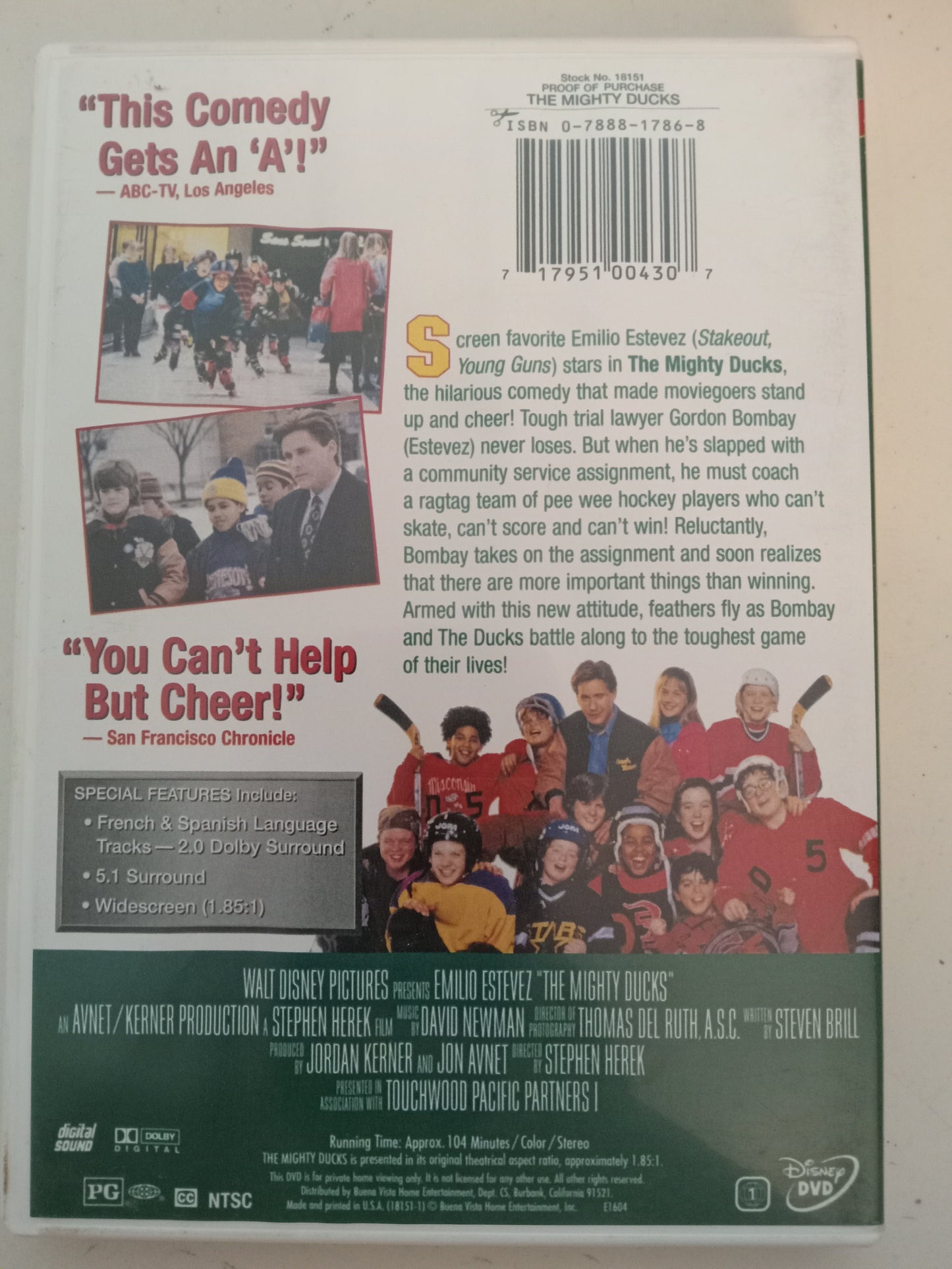 The Mighty Ducks, DVD Movie, Emilio Estevez Widescreen, Rated PG, USED