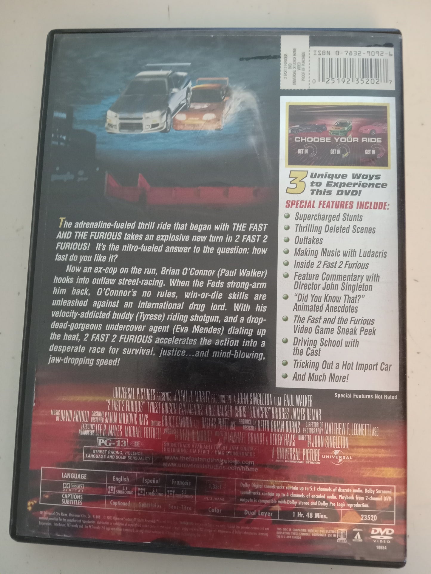 2 Fast 2 Furious, DVD Movie, Vin Diesel Fullscreen, Rated PG-13, USED