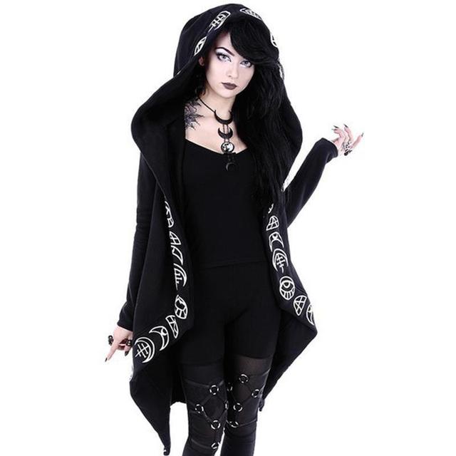 Gothic Punk Black Long Tail Hoodie Trench Coat Style Moon Print Hooded Sweatshirt Cosplay NEW