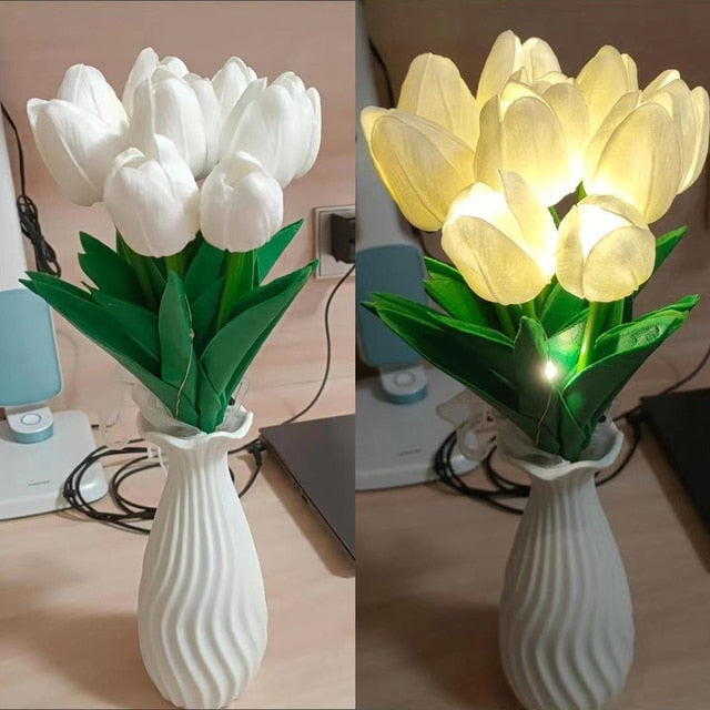 Valentines Day LED Tulip Table Lamp Material Flowers Warm Glow Pink White AMB