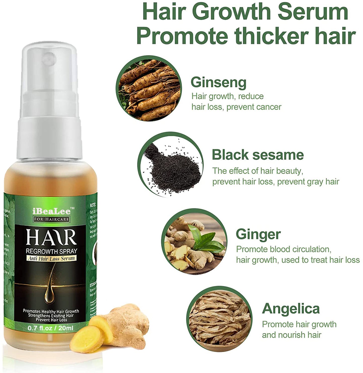 Ginger Hair Growth Spray 20ml Regrowth & Stop Hair Loss by iBeaLee, NEW