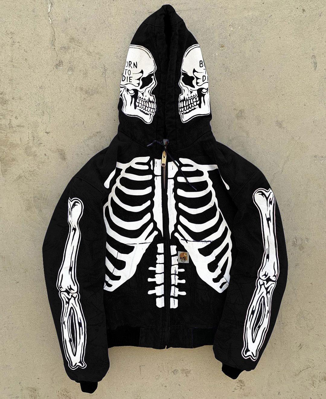 Men's Skeleton Hoodie Custom Full Face Zip Up Halloween Costume Warm Front/Back Print NEW