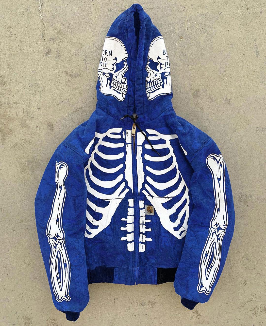 Men's Skeleton Hoodie Custom Full Face Zip Up Halloween Costume Warm Front/Back Print NEW