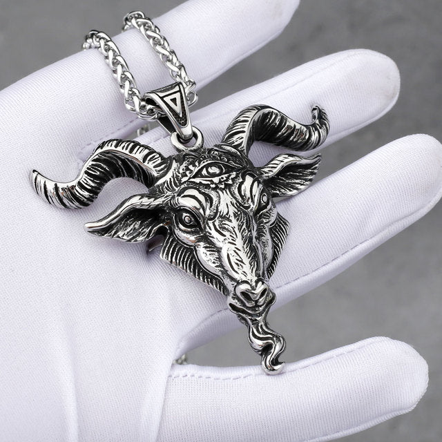 Stainless Steel Silver Viking Pendant Necklace Ram Goat Head Horns Gothic, AMB, NEW!