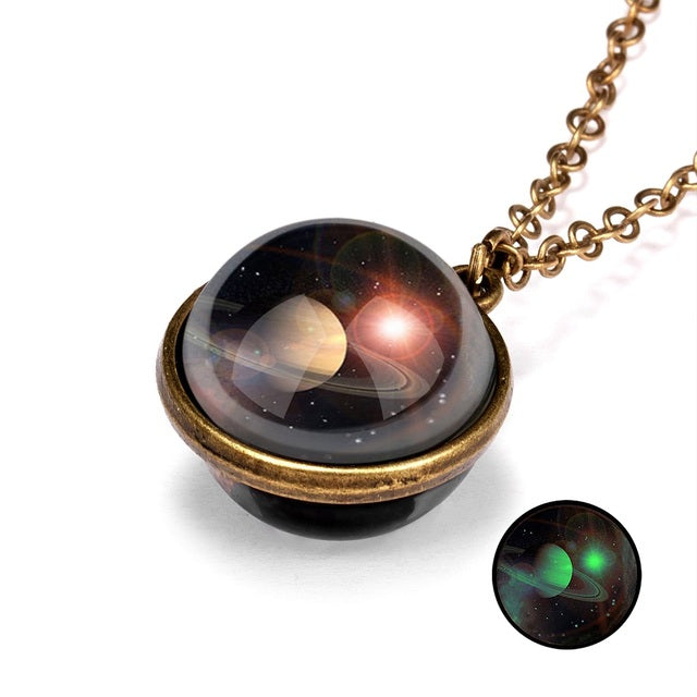 Beautiful Universe Pendant Necklace Multi Swivel Glow In The Dark Colors Blue Red Green Purple Copper Earth, AMB, NEW!