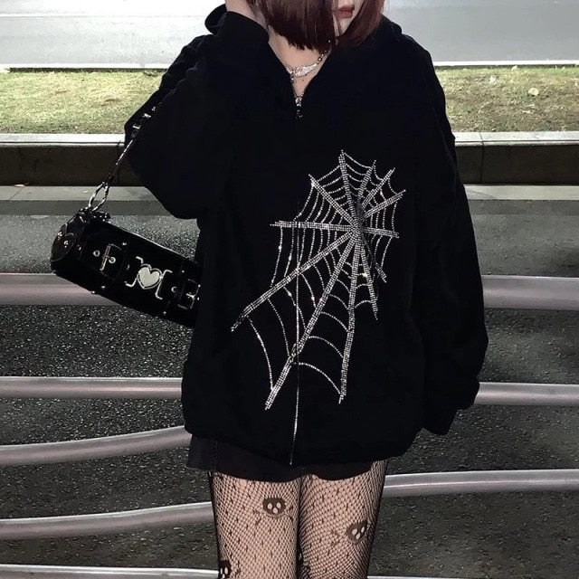 Women Gothic Black Zip Up Hoodie Halloween Skeleton, Web, Iron Cross, Gi8 NEW