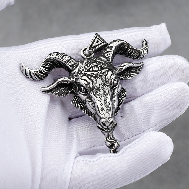 Stainless Steel Silver Viking Pendant Necklace Ram Goat Head Horns Gothic, AMB, NEW!