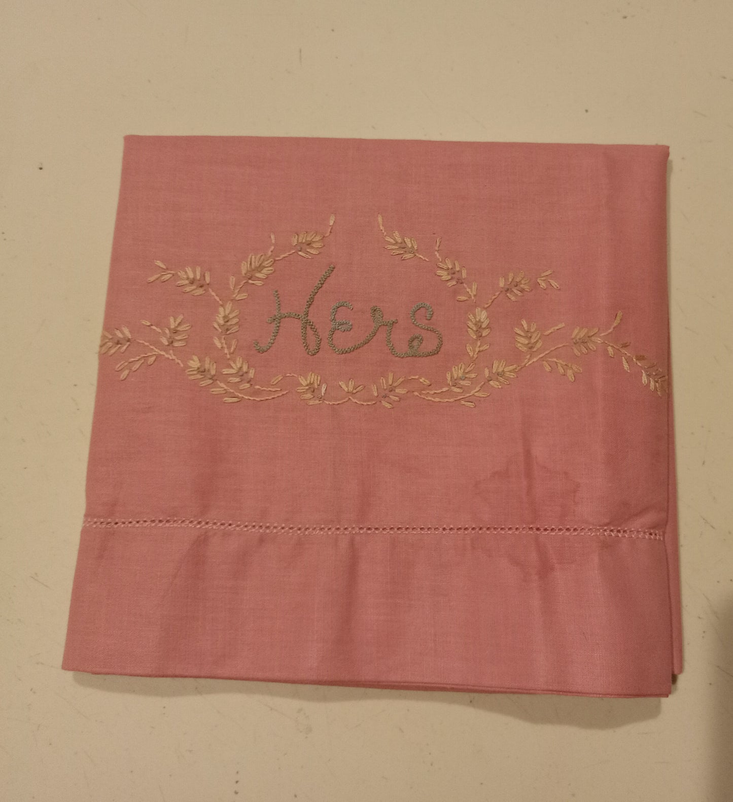 2 Pink His & Hers Embroidered Couples Pillowcases 32"x20" Large, LIKE NEW