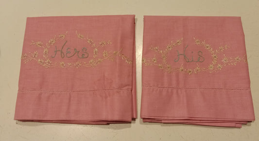 2 Pink His & Hers Embroidered Couples Pillowcases 32"x20" Large, LIKE NEW