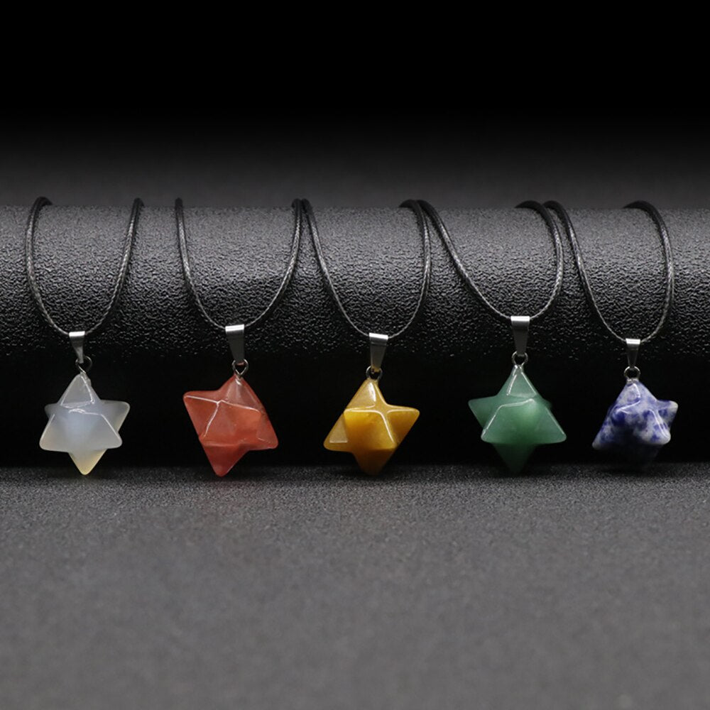 3D Six-pointed Star Necklace Green Yellow Jade Blue White Tiger Opal Rose Quartz Gray Red Agate AMB, NEW!