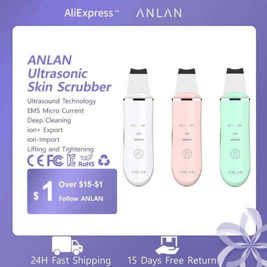 Anlan Ultrasonic Skin Lift Machine Scrubber Repair Damage Deep Pore Cleansing Stimulate Collagen NEW