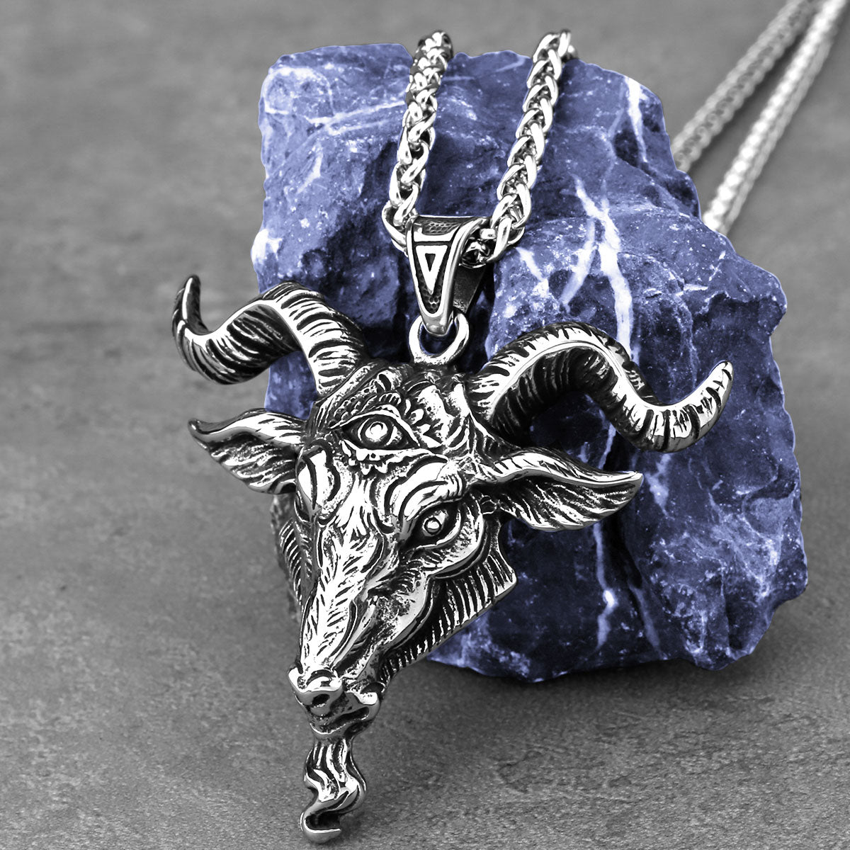 Stainless Steel Silver Viking Pendant Necklace Ram Goat Head Horns Gothic, AMB, NEW!