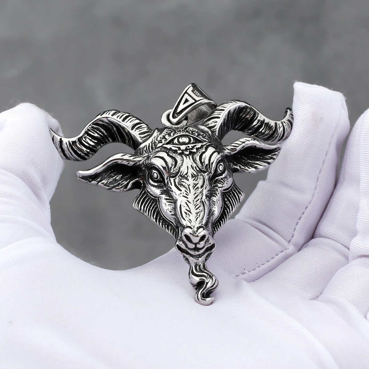 Stainless Steel Silver Viking Pendant Necklace Ram Goat Head Horns Gothic, AMB, NEW!