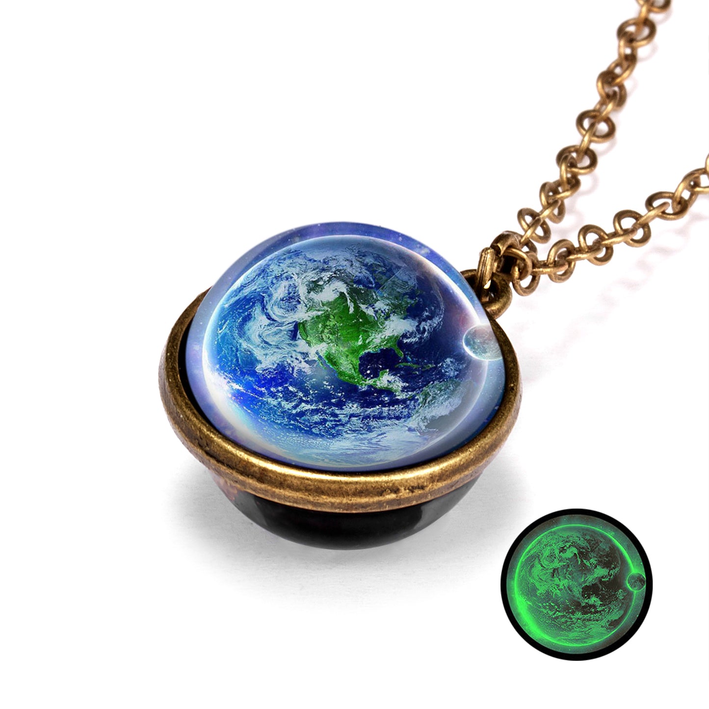 Beautiful Universe Pendant Necklace Multi Swivel Glow In The Dark Colors Blue Red Green Purple Copper Earth, AMB, NEW!