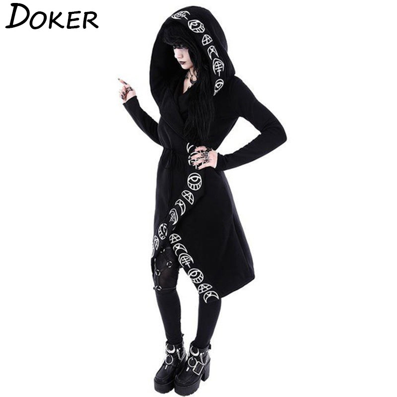 Gothic Punk Black Long Tail Hoodie Trench Coat Style Moon Print Hooded Sweatshirt Cosplay NEW