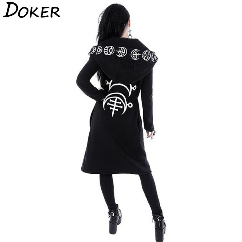 Gothic Punk Black Long Tail Hoodie Trench Coat Style Moon Print Hooded Sweatshirt Cosplay NEW