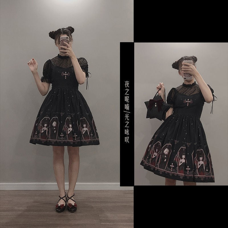 Victorian Gothic Devil Print Dress Japanese Style Lolita Black/White Short Playful Cosplay NEW