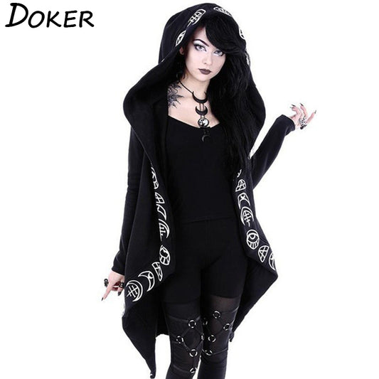 Gothic Punk Black Long Tail Hoodie Trench Coat Style Moon Print Hooded Sweatshirt Cosplay NEW