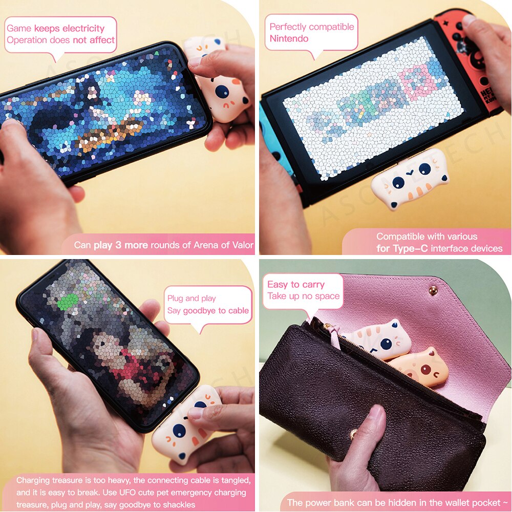 Cute Cat Kitten Portable Mini Power Battery Banks, Type C/iOS 800mAh x2 Night Light NEW