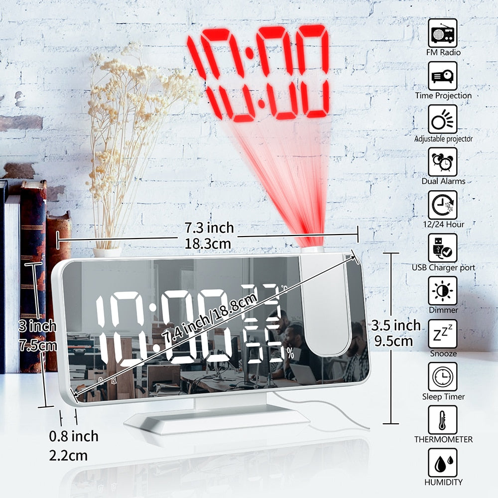 LED Digital Projection Clock, FM Radio, Lrg Display, Adjustable Volume Brightness NEW