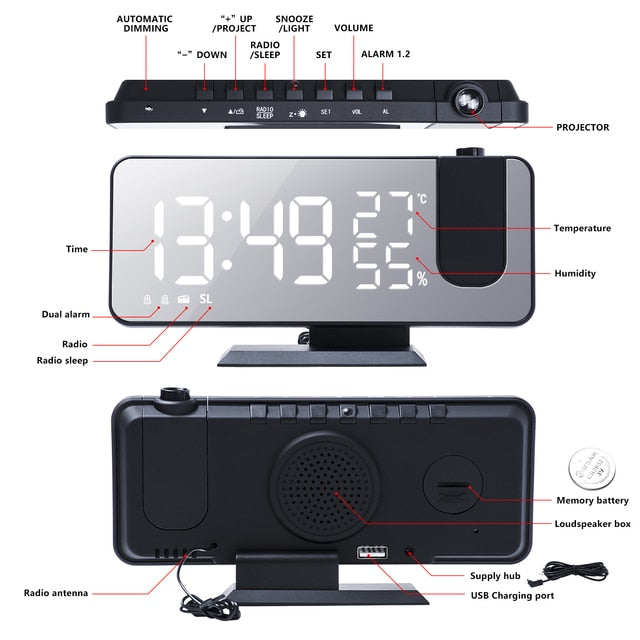 LED Digital Projection Clock, FM Radio, Lrg Display, Adjustable Volume Brightness NEW